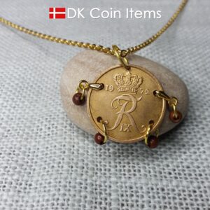 Denmark 1972 coin necklace with 52 year old R initial 5 ore as coin pendant