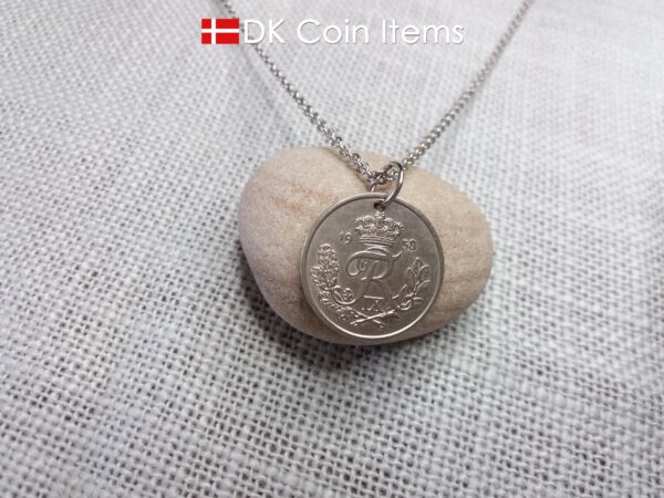 Denmark 1958 coin pendant necklace. 66 year old 25 ore coin with Crown R initial