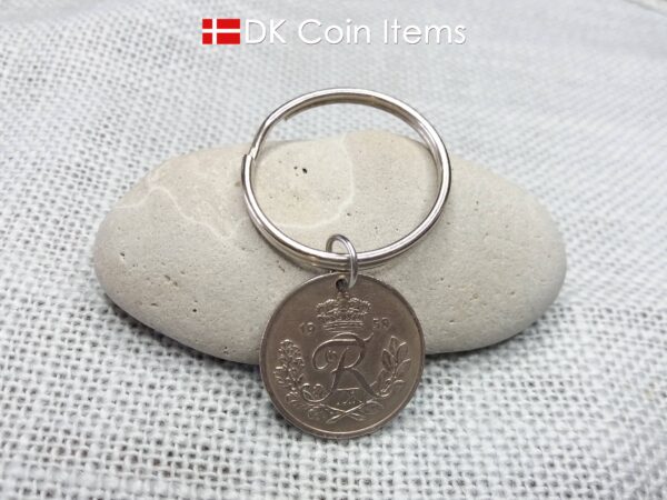 Denmark 1958 coin pendant keychain. 66 year old 25 ore coin with Crown R initial