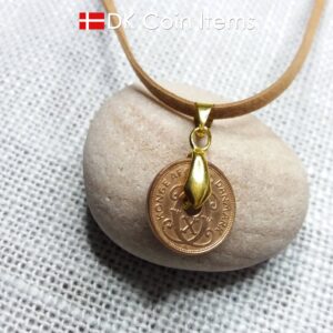 Denmark 1938 coin necklace. 86 year old coin pendant. Copper 1 ore with Crown C initial