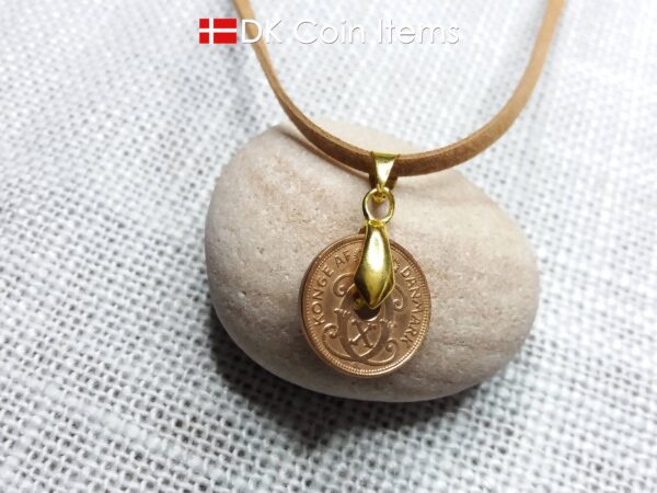 Denmark 1938 coin necklace. 86 year old coin pendant. Copper 1 ore with Crown C initial