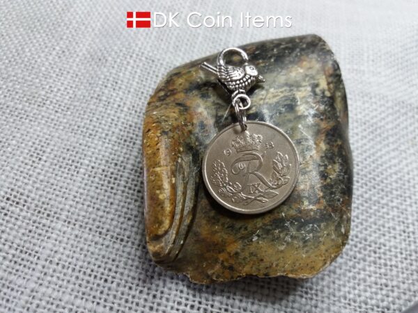 Denmark 1958 coin pendant charm. 66 year old 25 ore coin with Crown R initial