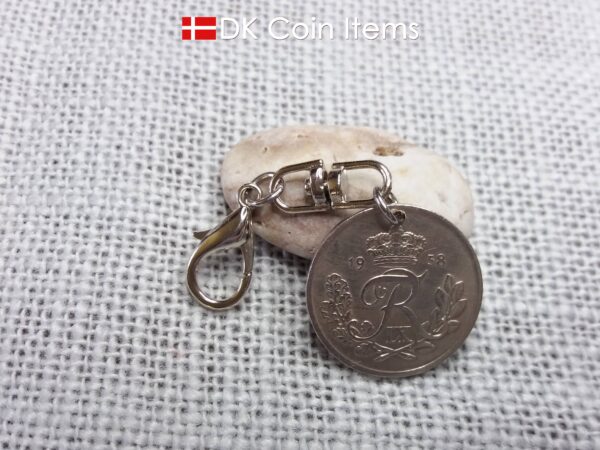 Denmark 1958 coin charm. 66 year old 25 ore with Crown R initial coin pendant