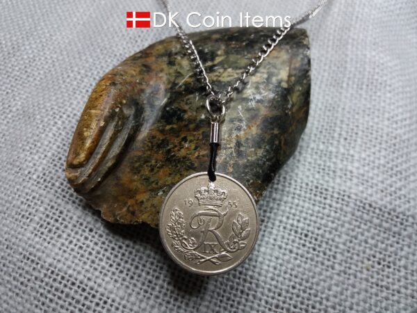 Denmark 1955 coin pendant necklace with 69 year old R initial 25 ore