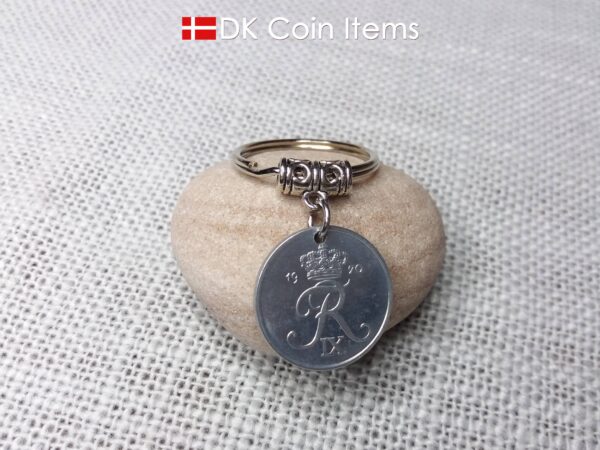 Denmark 1970 coin keychain. 54 year old R-initial 2 ore coin pendant. 54th birthday gift.