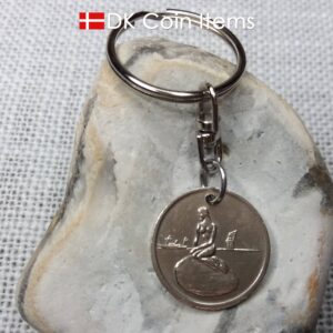 Denmark Little Mermaid coin keychain with Copenhagen fare token from the 1960s