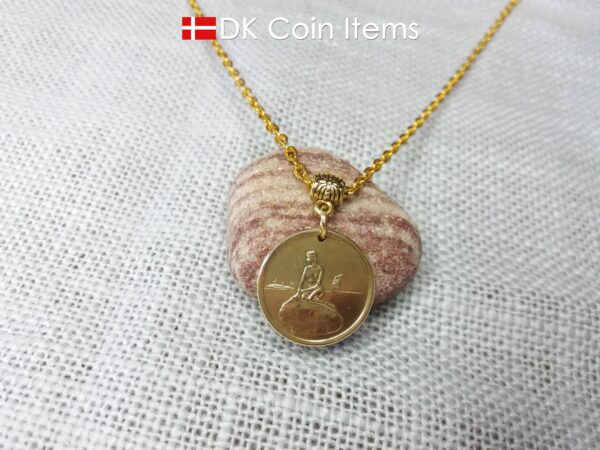 Danish Little Mermaid necklace with The Little Mermaid sculpture on a vintage Copenhagen token coin