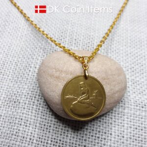 Token necklace with The Little Mermaid sculpture on a vintage Copenhagen token coin from Denmark