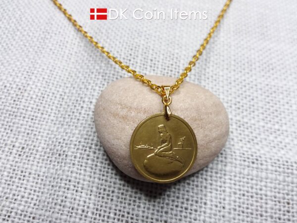 Token necklace with The Little Mermaid sculpture on a vintage Copenhagen token coin from Denmark