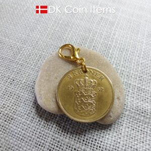 Denmark 1952 coin charm. 72 year old Golden Crown Coat of Arms 2 kroner coin pendant. Vintage souvenir gift.