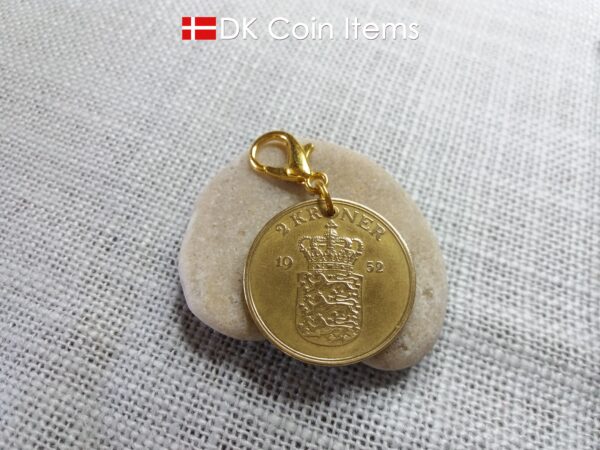 Denmark 1952 coin charm. 72 year old Golden Crown Coat of Arms 2 kroner coin pendant. Vintage souvenir gift.