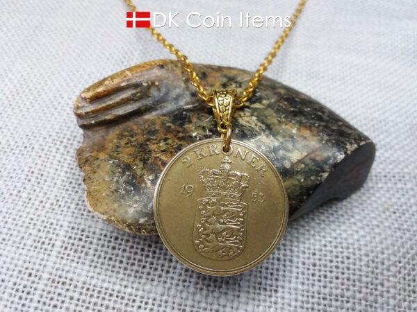 Denmark 1953 coin necklace. 71 year old Golden Crown Danish Coat of Arms 2 kroner as coin pendant