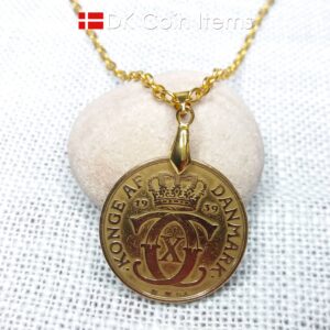 Denmark 1939 coin necklace. 85 year old golden Crown C initial 2 kroner coin pendant. Antique Danish souvenir gift