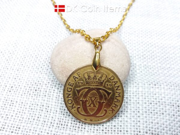 Denmark 1939 coin necklace. 85 year old golden Crown C initial 2 kroner coin pendant. Antique Danish souvenir gift