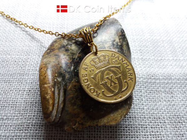 Denmark 1939 coin necklace. 85 year old golden coin pendant. Danish Crown C initial 2 kroner. Antique souvenir gift