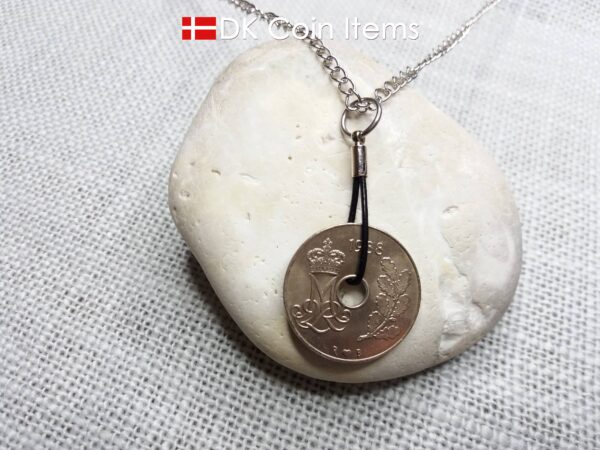 Denmark 1988 coin necklace. 36 year old coin pendant. Crown M Initial 25 ore. Danish vintage souvenir gift