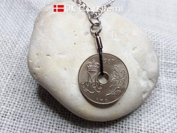 Denmark 1987 coin necklace. 37 year old Crown M Initial 25 ore coin pendant. Danish vintage souvenir gift