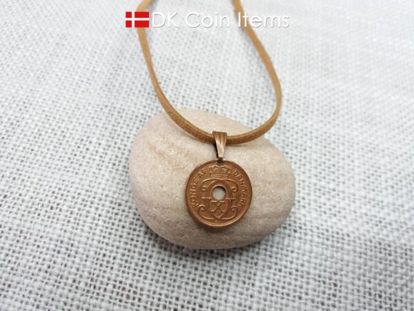 Denmark coin necklace with 86 year old coin pendant. Danish initial C copper 1 ore coin