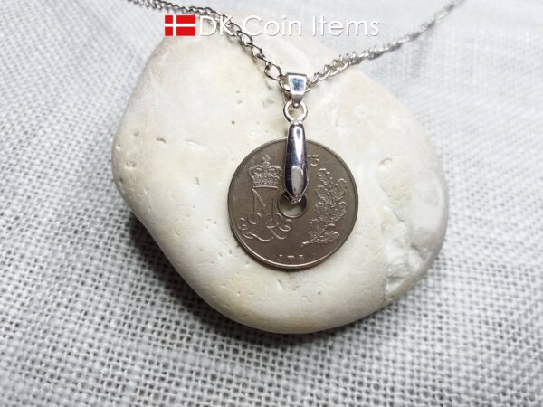 Denmark 1973 coin necklace. 51 year old Crown M Initial 25 ore coin pendant. Danish vintage souvenir gift