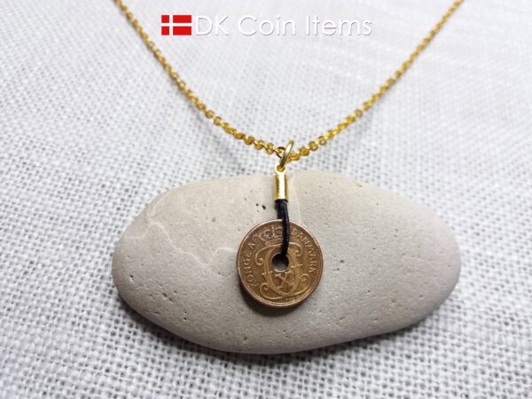 Antique Danish 1934 coin necklace with 87 year old Crown C initial copper 1 ore coin pendant from Denmark