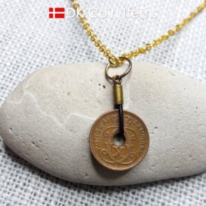 Antique Danish 1937 coin necklace with 87 year old Crown C initial copper 1 ore coin pendant from Denmark