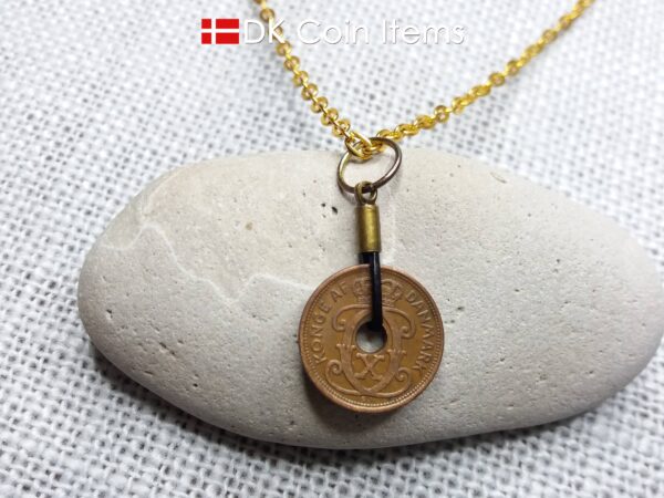 Antique Danish 1937 coin necklace with 87 year old Crown C initial copper 1 ore coin pendant from Denmark