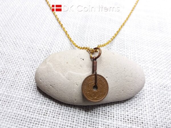 Antique Danish 1930 coin necklace with 94 year old Crown C initial copper 1 ore coin pendant from Denmark