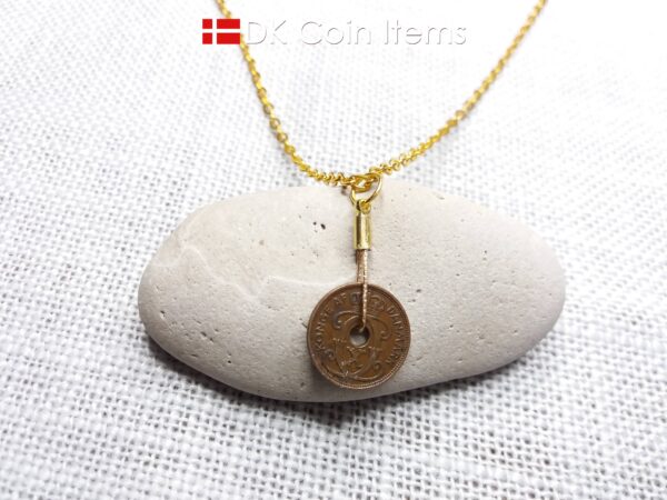 Danish 1933 coin necklace. 91 year old copper 1 ore from Denmark. Antique Crown C initial coin as pendant