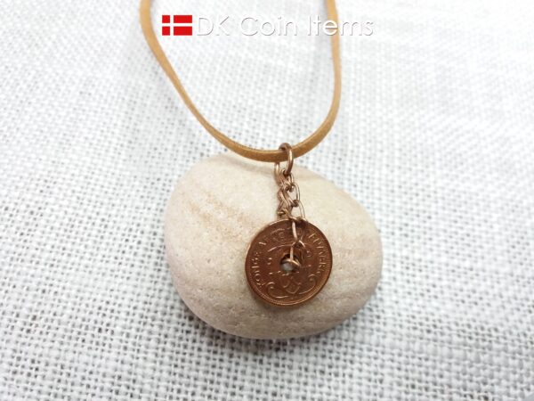 Denmark 86 year old coin pendant. Coin necklace with Danish initial C copper 1 ore