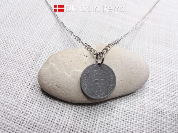 Denmark 1943 coin necklace. 81 year old Crown C initial 2 ore coin pendant. 81st birthday gift. Antique Danish vintage souvenir gift