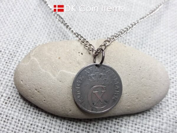 Denmark 1944 coin necklace. 80 year old Crown C initial 2 ore coin pendant. 80th birthday gift. Antique Danish vintage souvenir gift