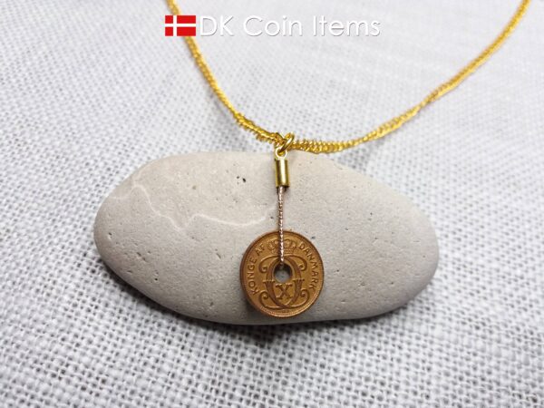 Denmark antique 1937 coin necklace. 87 year old Crown C initial copper 1 ore coin pendant. Danish vintage souvenir. 87th birthday gift