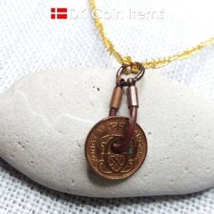 Denmark antique 1938 coin necklace. 86 year old Crown C initial copper 1 ore coin pendant. Danish vintage souvenir. 86th birthday gift