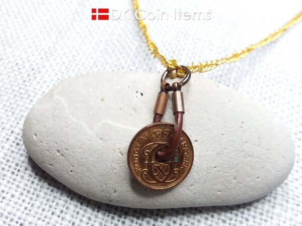 Denmark antique 1938 coin necklace. 86 year old Crown C initial copper 1 ore coin pendant. Danish vintage souvenir. 86th birthday gift