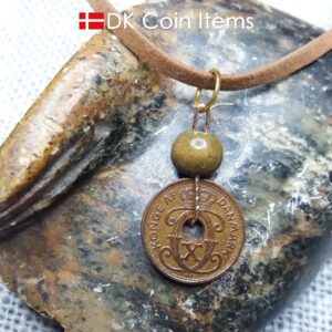 Denmark antique 1940 coin necklace. 84 year old Crown C initial copper 1 ore coin pendant. Danish vintage souvenir. 84th birthday gift