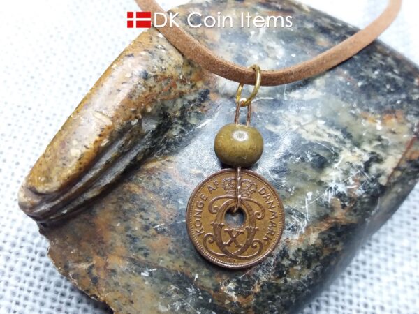 Denmark antique 1940 coin necklace. 84 year old Crown C initial copper 1 ore coin pendant. Danish vintage souvenir. 84th birthday gift