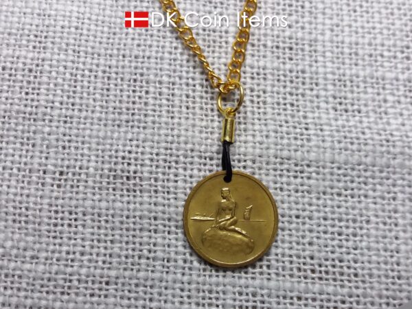 Denmark vintage token coin necklace with The Little Mermaid sculpture in Copenhagen. Danish fairy tale souvenir