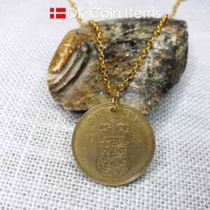 Denmark 1958 coin necklace. 66 year old Golden Crown Coat of Arms 2 kroner coin pendant