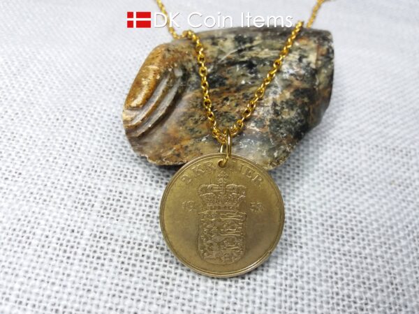 Denmark 1958 coin necklace. 66 year old Golden Crown Coat of Arms 2 kroner coin pendant