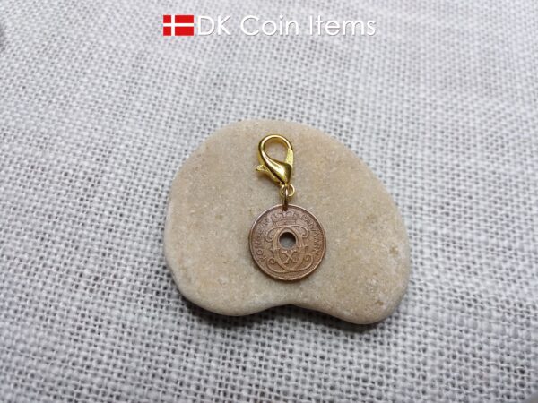 Denmark 1940 coin charm. 84 year old coin pendant. Copper 1 ore with Crown C initial