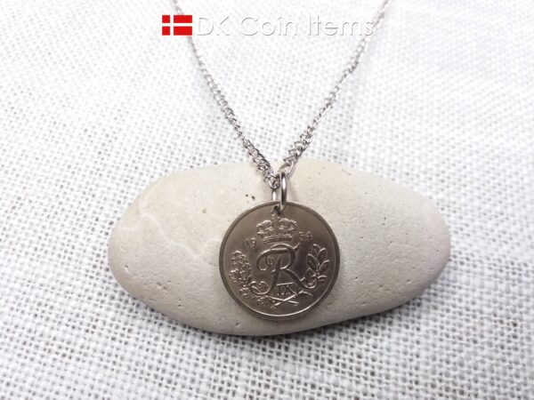 Denmark 1954 coin necklace. 70 year old coin pendant. Danish 25 ore with Crown R initial