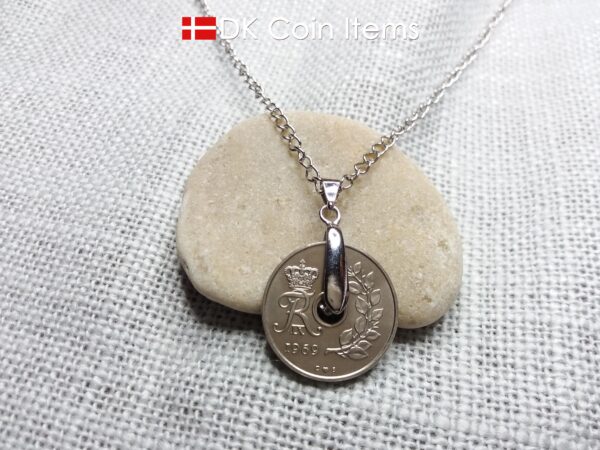 Denmark 1969 coin necklace. 55 year old coin pendant. Danish 25 ore with Crown R initial