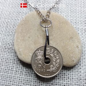 Denmark 1969 coin necklace. 55 year old coin pendant. Initial R 25 ore. Danish Crown souvenir