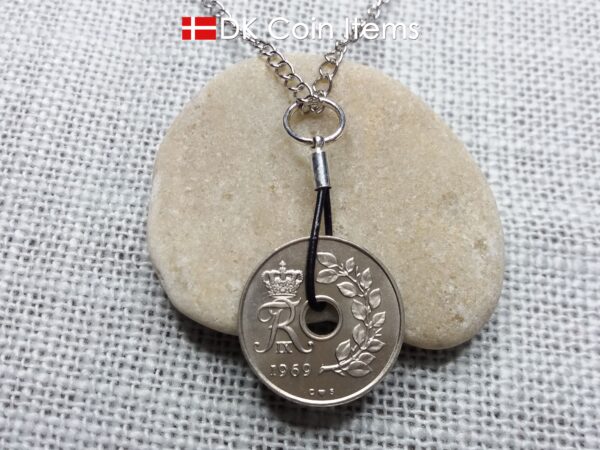 Denmark 1969 coin necklace. 55 year old coin pendant. Initial R 25 ore. Danish Crown souvenir