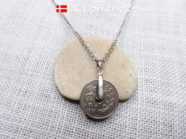 Denmark 1967 coin necklace. 57 year old coin pendant. Danish 25 ore with Crown R initial