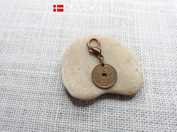 Denmark 1930 coin charm. 94 year old coin pendant. Copper 1 ore with Crown C initial