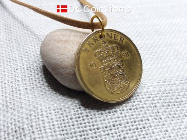 Denmark 1958 coin pendant necklace. 66 year old Golden Crown Coat of Arms 2 kroner coin