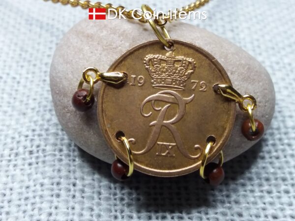 Denmark 1972 coin necklace with 52 year old R initial 5 ore as coin pendant