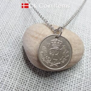 Denmark 1958 coin pendant necklace. 66 year old 25 ore coin with Crown R initial