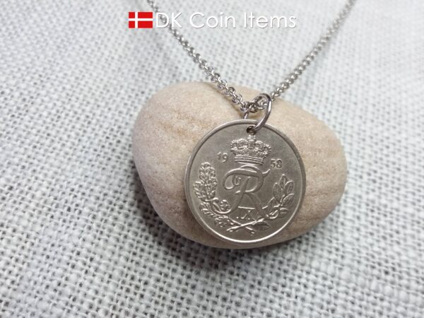 Denmark 1958 coin pendant necklace. 66 year old 25 ore coin with Crown R initial